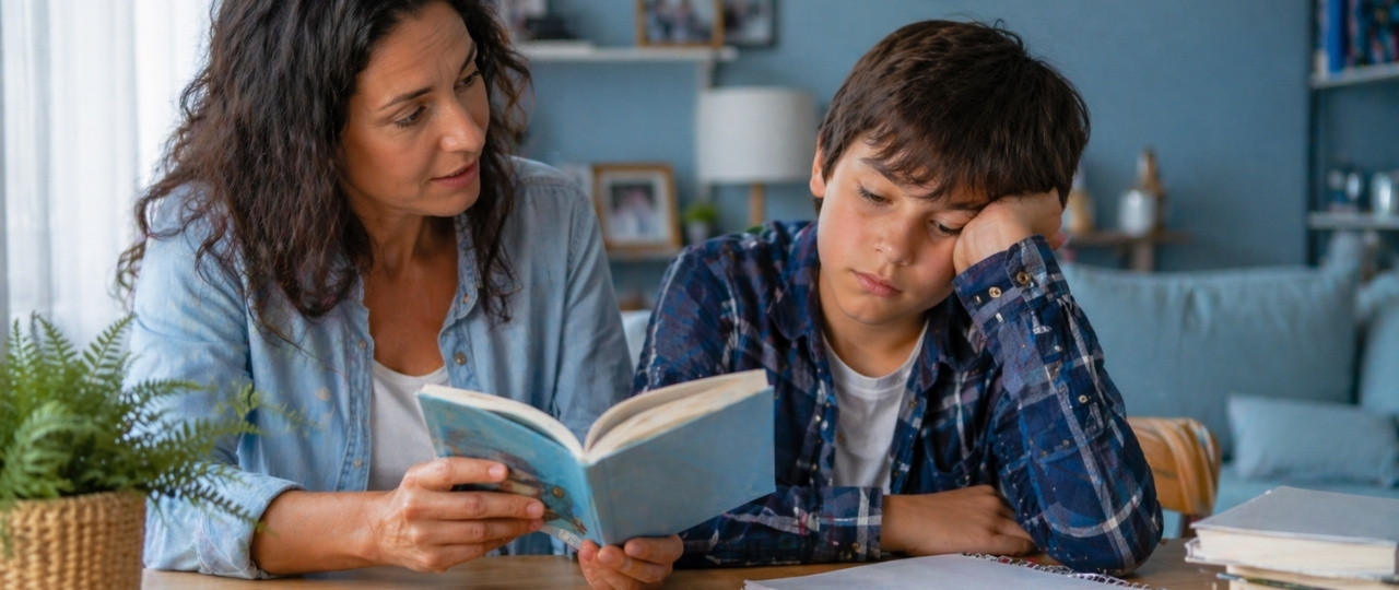 Niño frustrado al leer mientras un adulto insiste demasiado con el libro