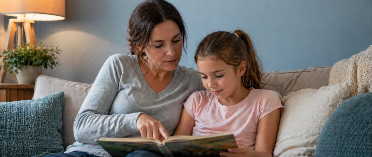 Madre acompañando con calma a una niña durante una lectura compartida
