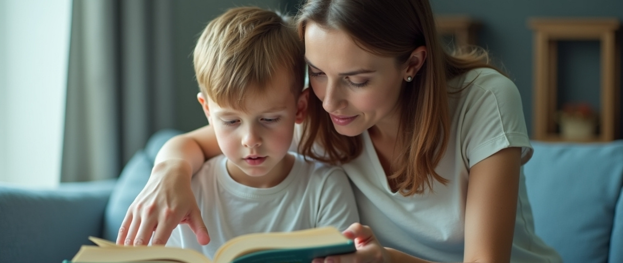 niño con dificultades de lectura acompañado por su madre leyendo libro infantil en casa