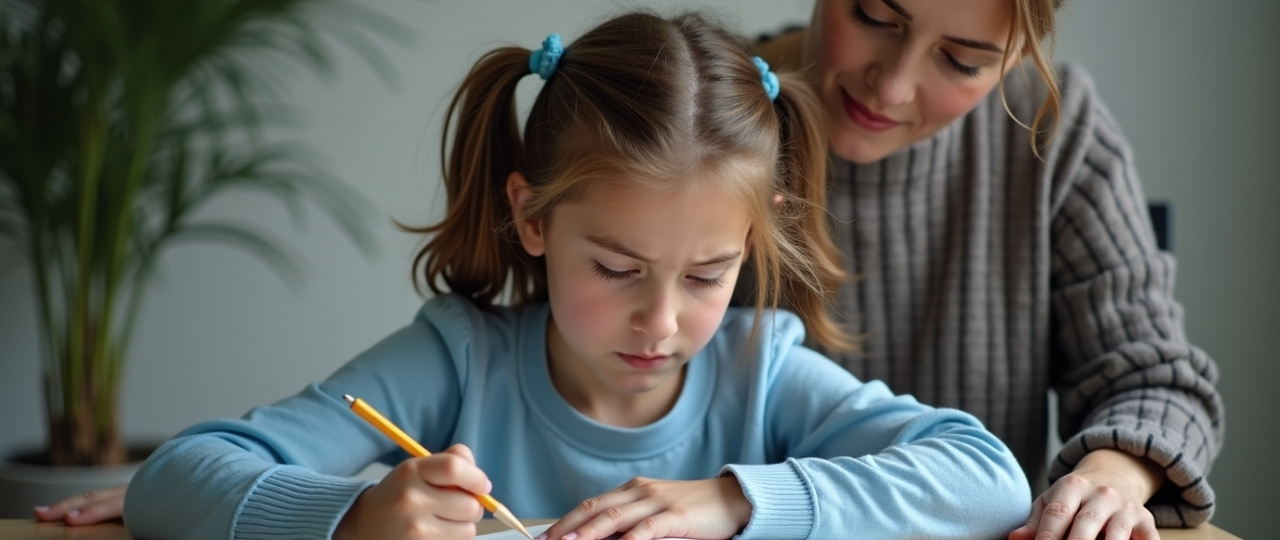 niña con dislexia cansada leyendo acompañada por su madre en casa
