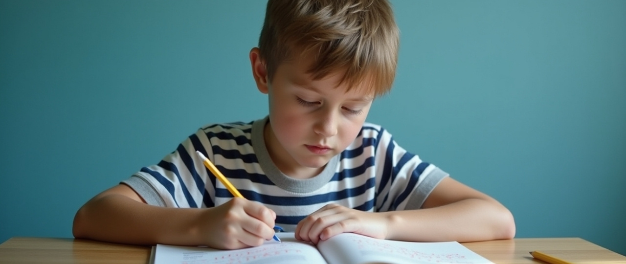 niño con dificultad de coordinación realizando lectura y escritura con esfuerzo