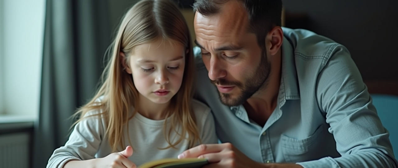 padre ayudando a su hija a leer en una situacion relacionada con hipoacusia