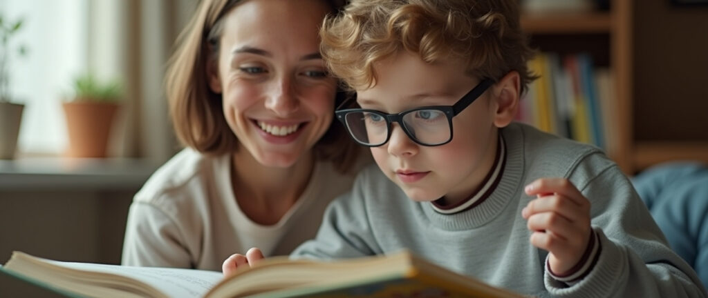 madre e hijo leyendo un libro de formato claro en una situacion relacionada con baja vision