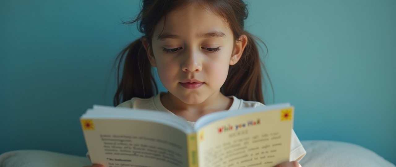 niña leyendo libro infantil con texto claro y accesible en casa