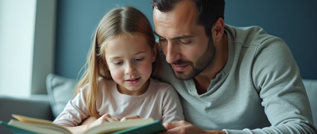 padre leyendo con su hija ayudando a mantener el ritmo de lectura con libro infantil