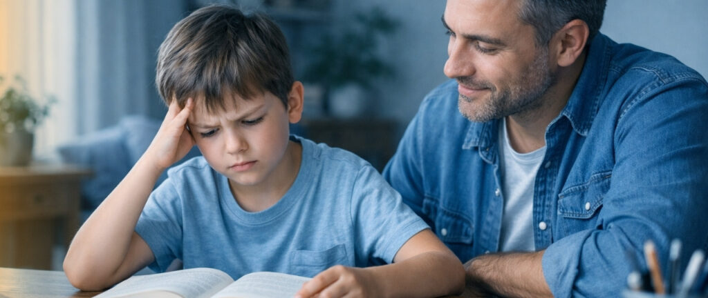 niño con dificultades de lectura acompañado por adulto en casa, lectura infantil accesible
