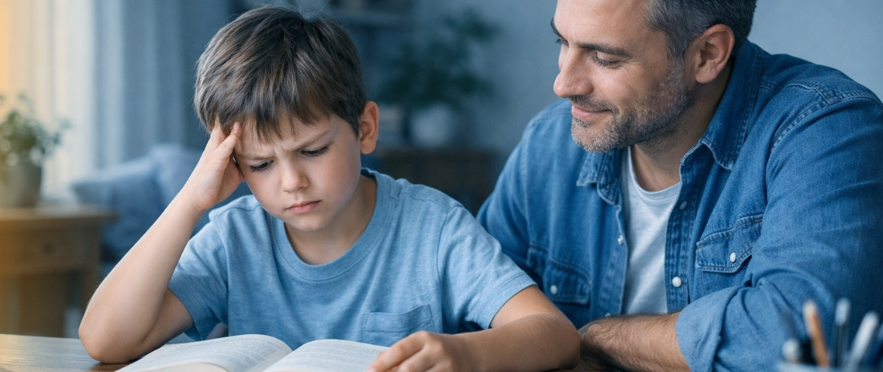 niño con dificultades de lectura acompañado por adulto en casa, lectura infantil accesible