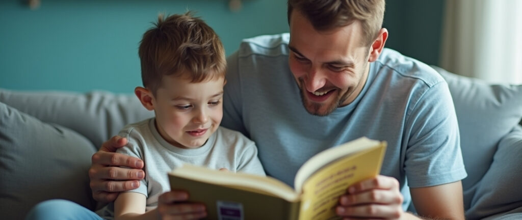 padre e hijo con paralisis cerebral leyendo con formato adaptado