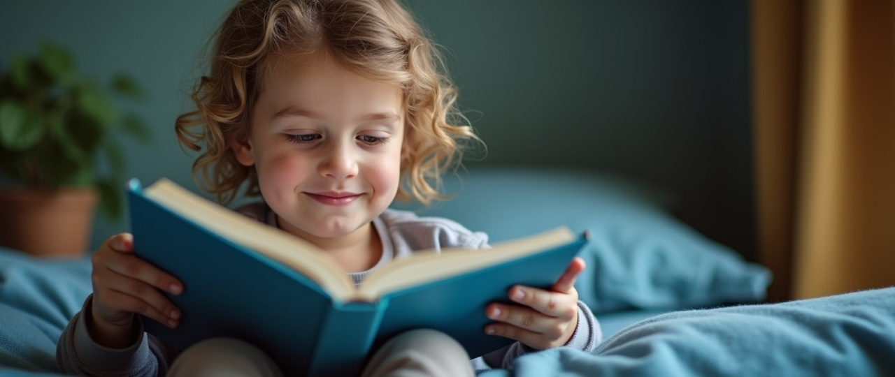 Niño enganchado a la lectura con una sonrisa