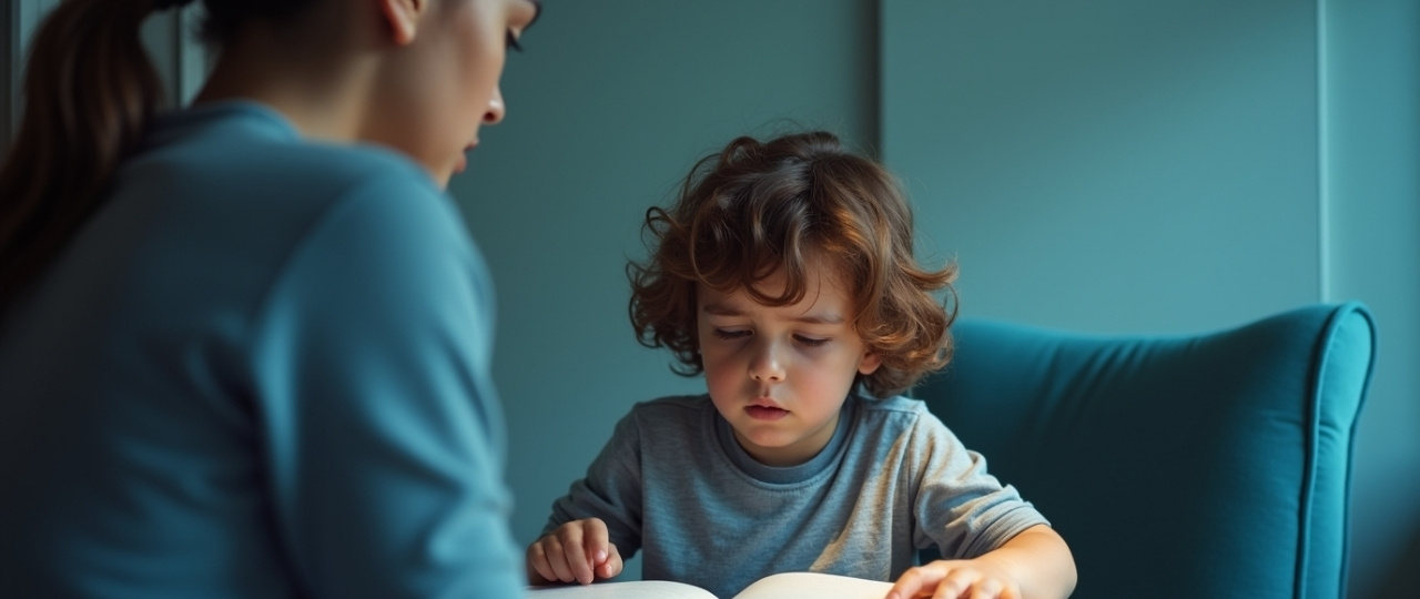 niño frustrado leyendo un libro en casa con dificultad