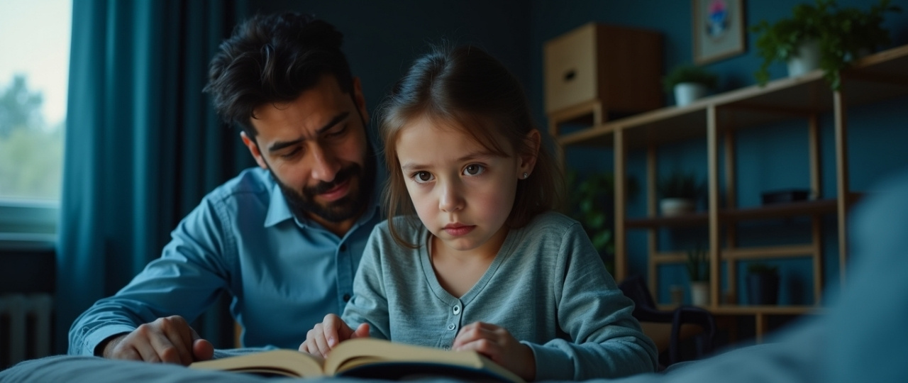 niña leyendo sin comprender del todo el texto acompañada por su padre en casa