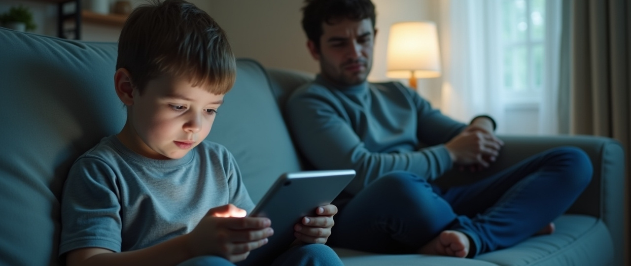 Niño absorbido por una pantalla mientras un adulto acompaña con calma para ayudarle a desconectar