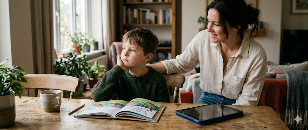 Niño con un libro abierto y una tablet apartada mientras un adulto le acompaña con calma