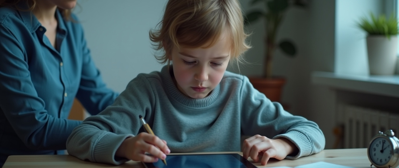 Niño con una tablet apagada y un reloj mientras una familia organiza el tiempo de pantalla