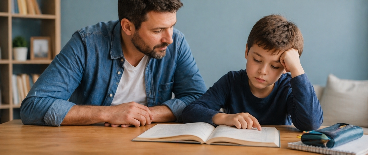 Adulto acompañando con calma a un niño que tiene dificultad para leer