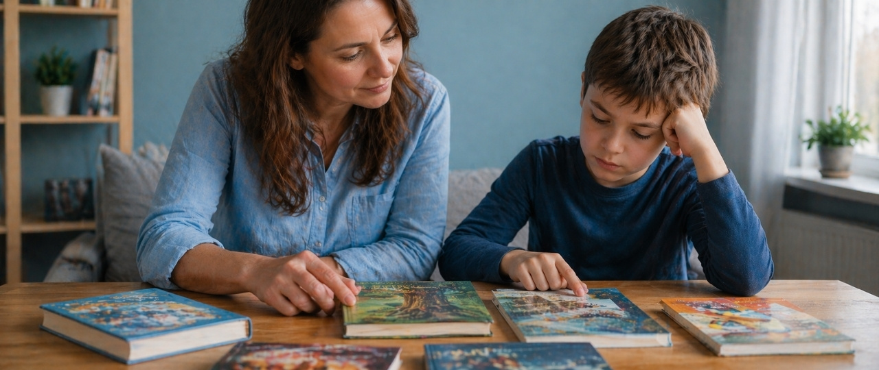 Adulto y niño eligiendo libros según la dificultad lectora
