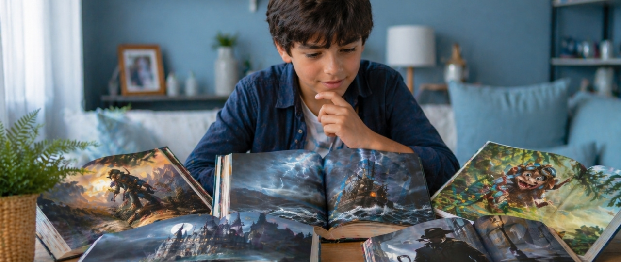 Niño leyendo con interés rodeado de libros de aventura, humor y misterio