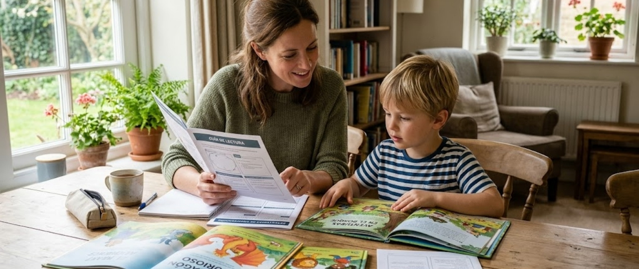 Familia revisando recursos prácticos sobre lectura infantil en casa