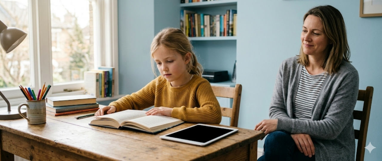 Niño con un libro mientras una tablet está apagada al lado y un adulto le acompaña sin presión