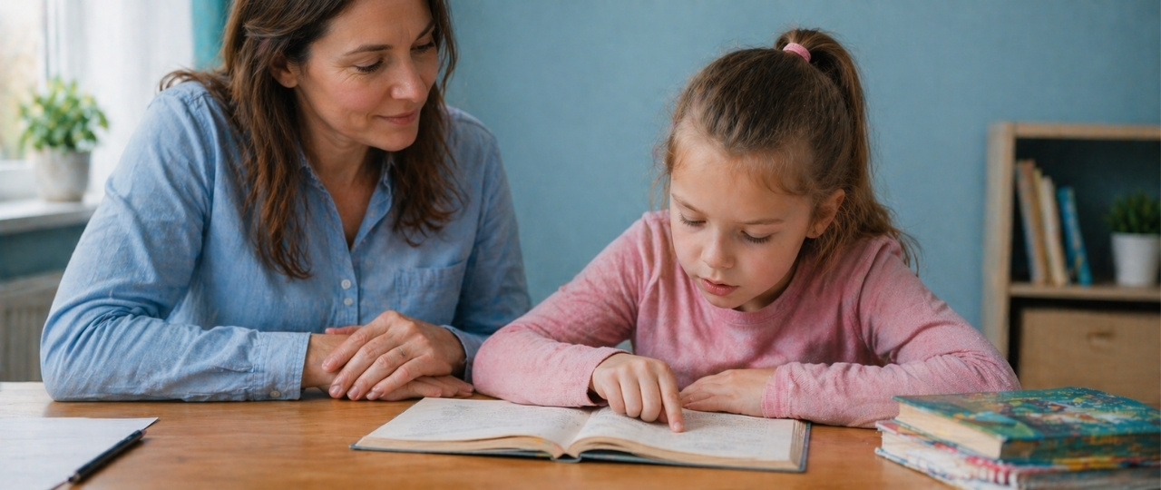 Niño leyendo despacio mientras un adulto observa señales de dificultad lectora