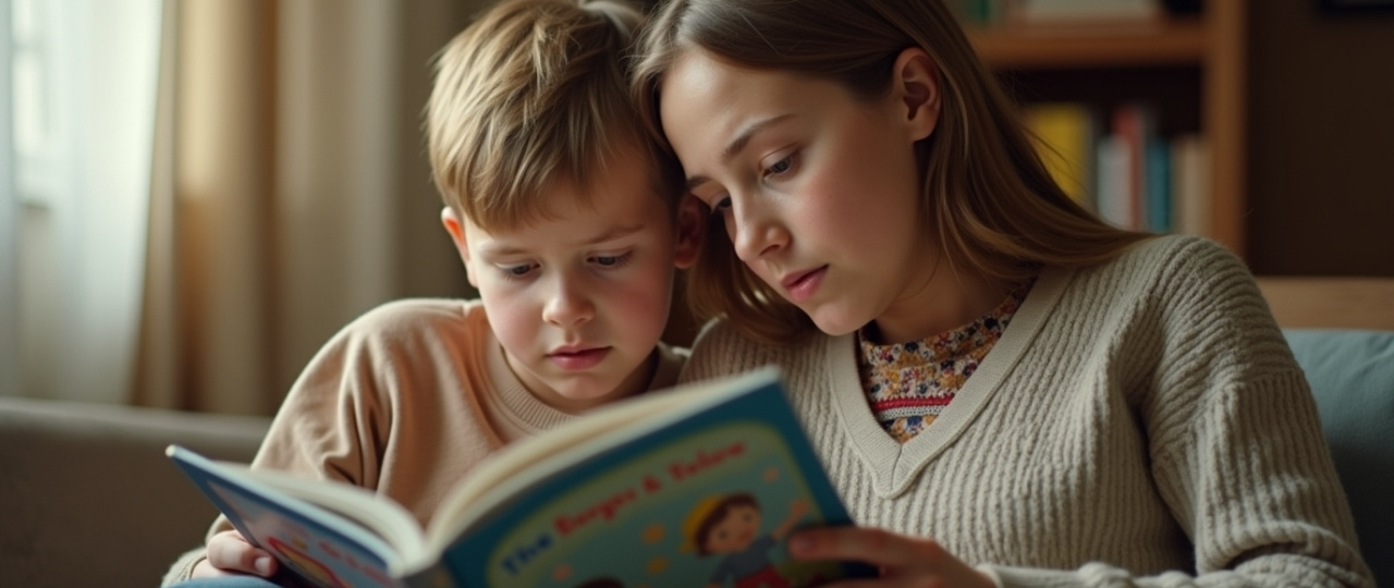 niño con dificultades de lectura acompañado por su madre en una situación relacionada con tea