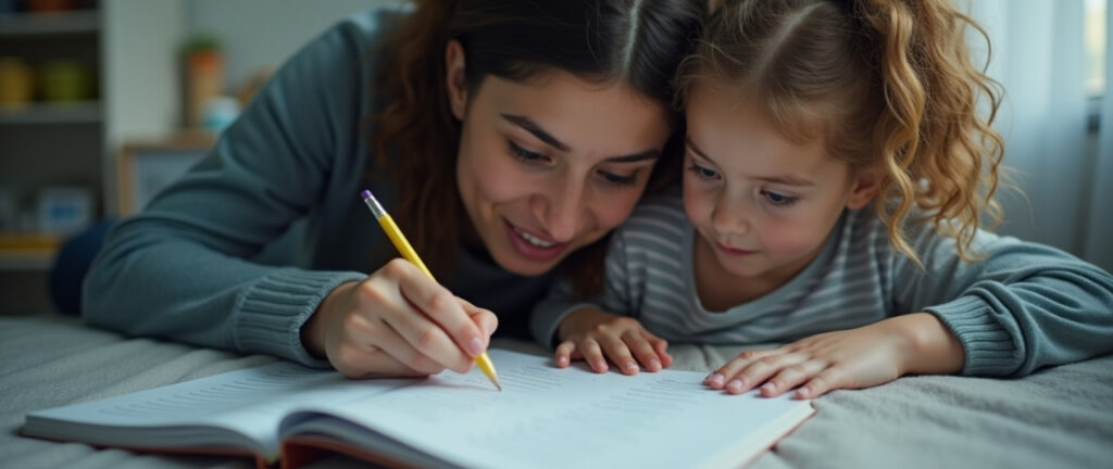 Adulto completando una checklist mientras un niño lee cerca para valorar si necesita ayuda con la lectura