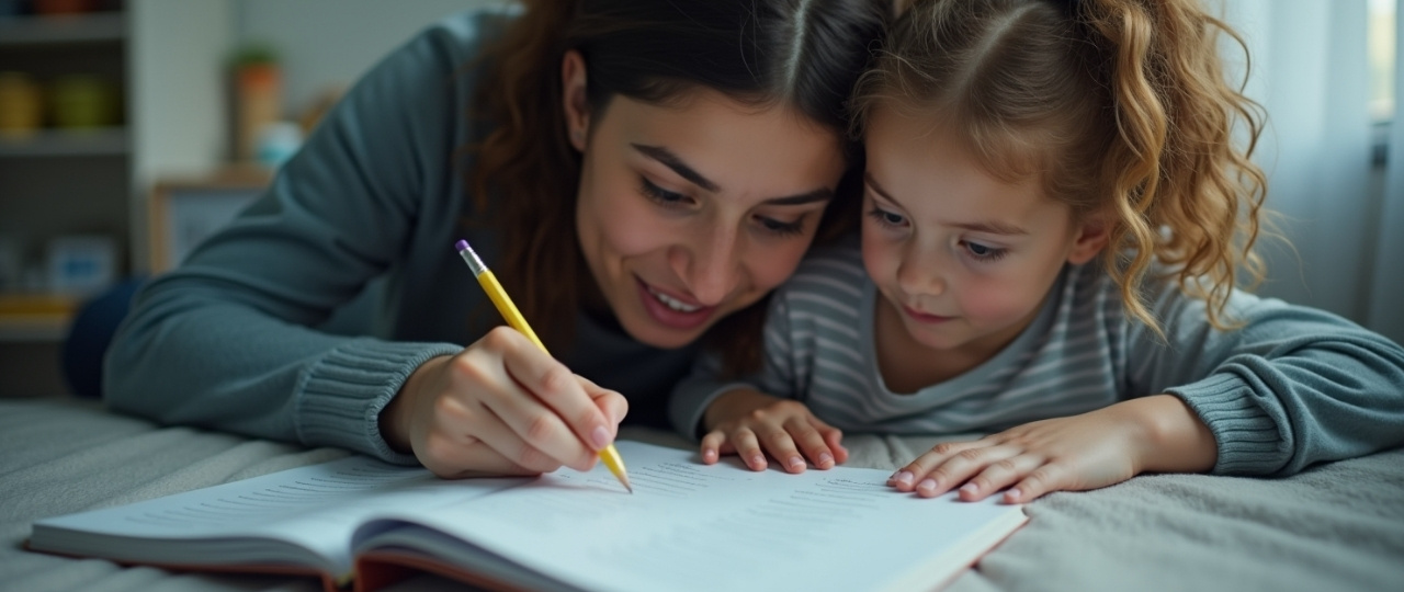 Adulto completando una checklist mientras un niño lee cerca para valorar si necesita ayuda con la lectura