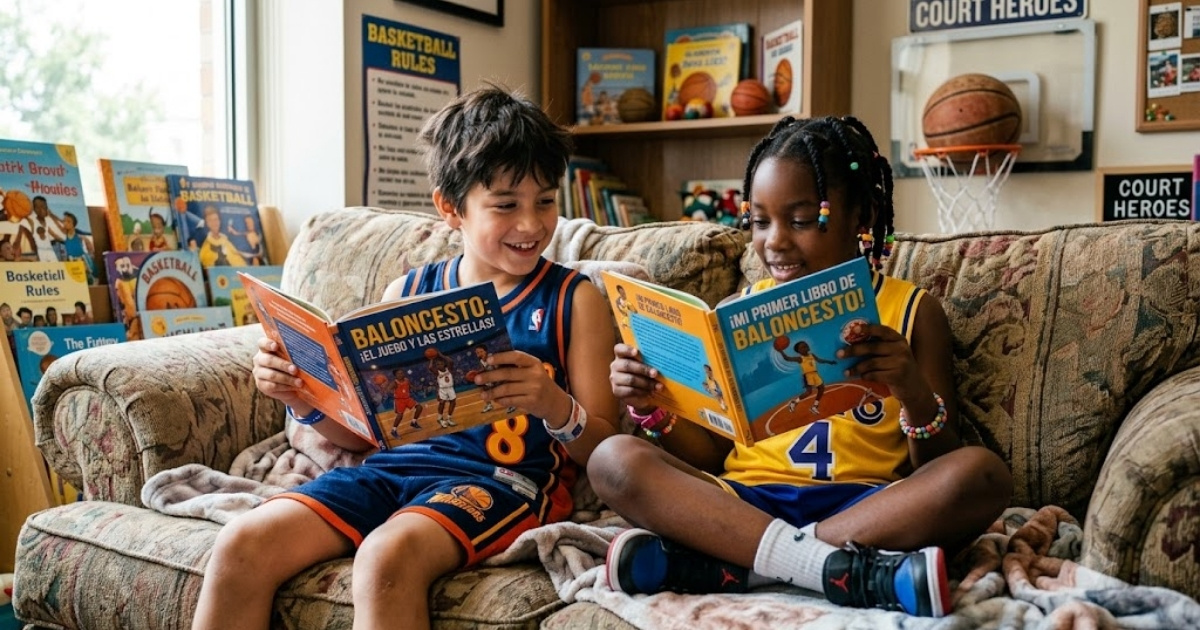Literatura infantil sobre baloncesto Niño y niña leyendo libros infantiles junto a una pista de baloncesto
