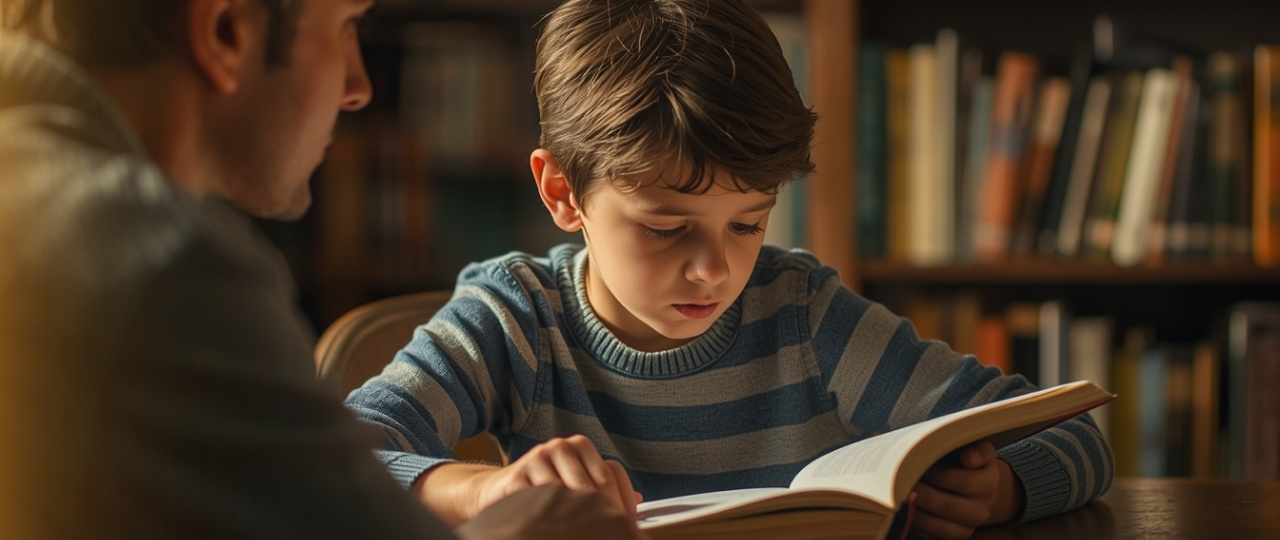 Niño leyendo con gesto pensativo junto a un adulto, para ilustrar los errores silenciosos que frenan la lectura infantil y la comprensión lectora.
