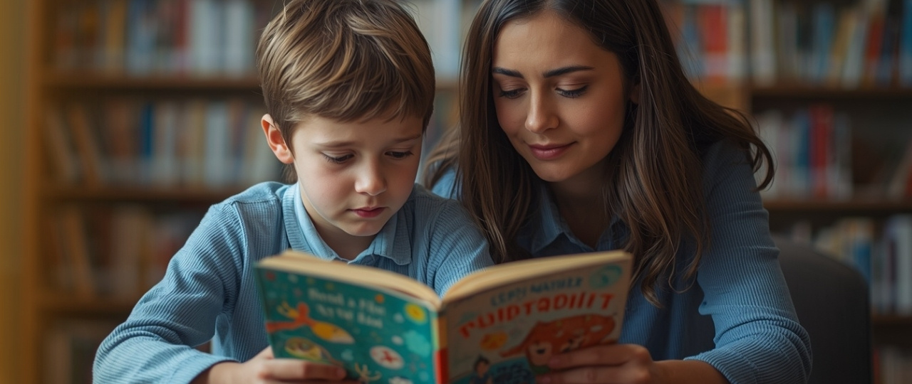 Niño leyendo en voz alta con cierta tensión mientras un adulto lo acompaña, para ilustrar que corregir cada error al leer puede bloquear la lectura.