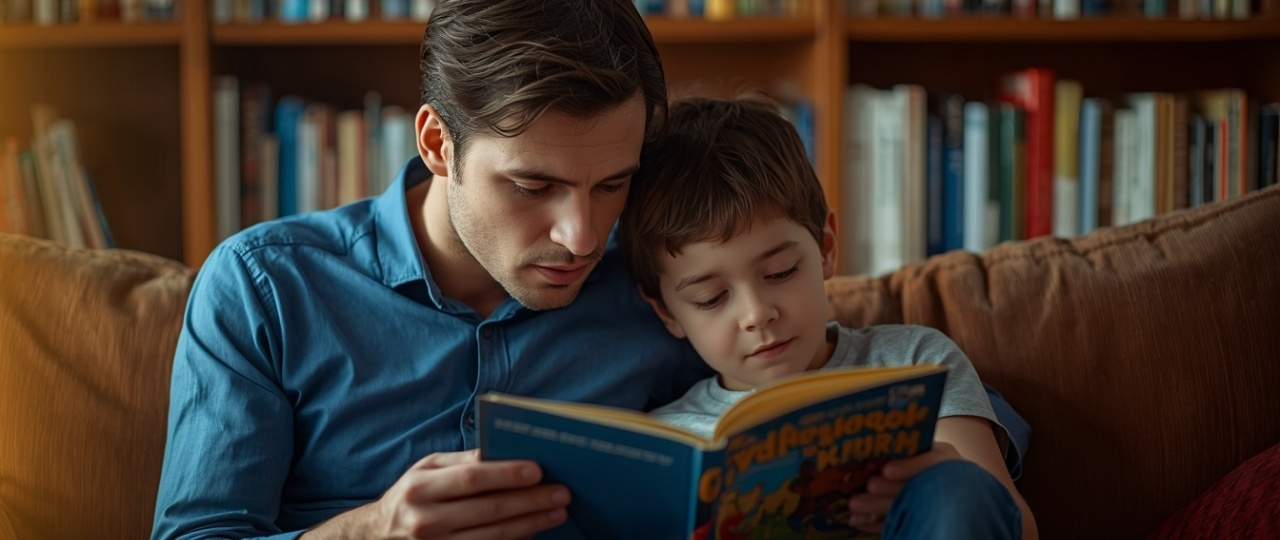 Adulto escuchando leer a un niño, para ilustrar la importancia de seguir acompañando la lectura aunque parezca que ya lee solo.