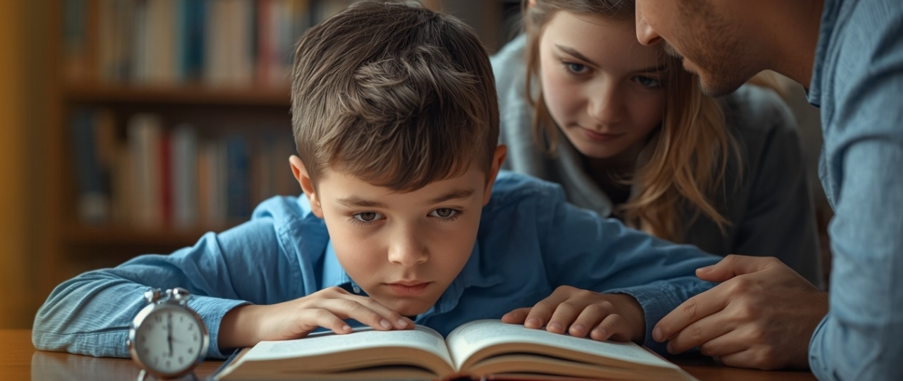 Niño leyendo con cierta presión mientras un reloj desenfocado recuerda que leer más rápido no siempre significa comprender mejor.