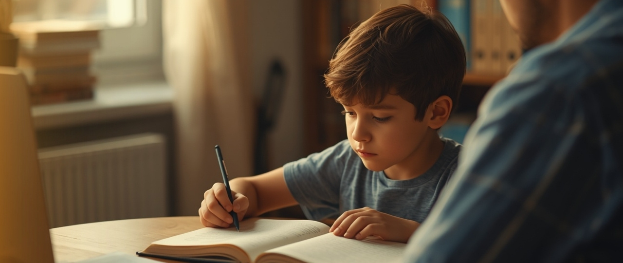 Niño leyendo con gesto de duda junto a un adulto, para ilustrar que un hijo puede aprobar pero no entender bien lo que lee.