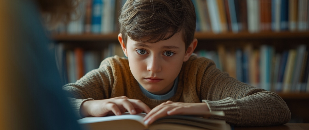 Niño inseguro ante un libro abierto, para ilustrar que muchos niños no odian leer, sino sentirse malos lectores.