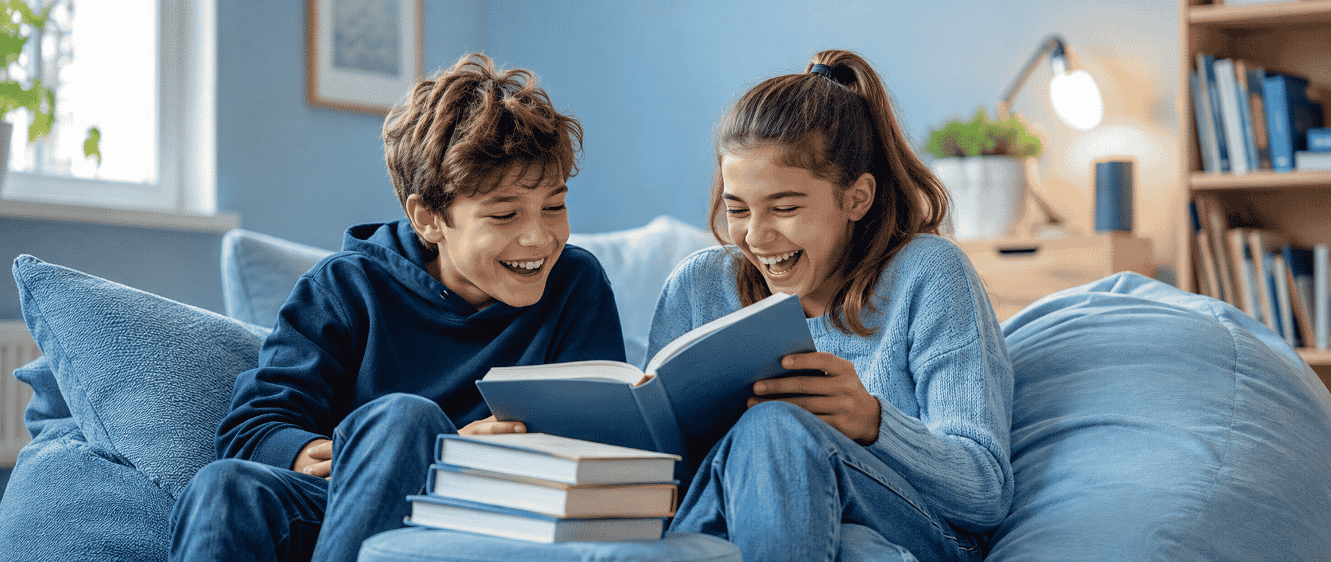 Dos niños de 10 a 12 años riéndose mientras leen juntos un libro