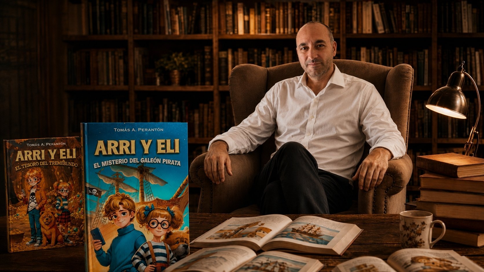 Tomás A. Perantón en una biblioteca junto a las portadas de Arri y Eli