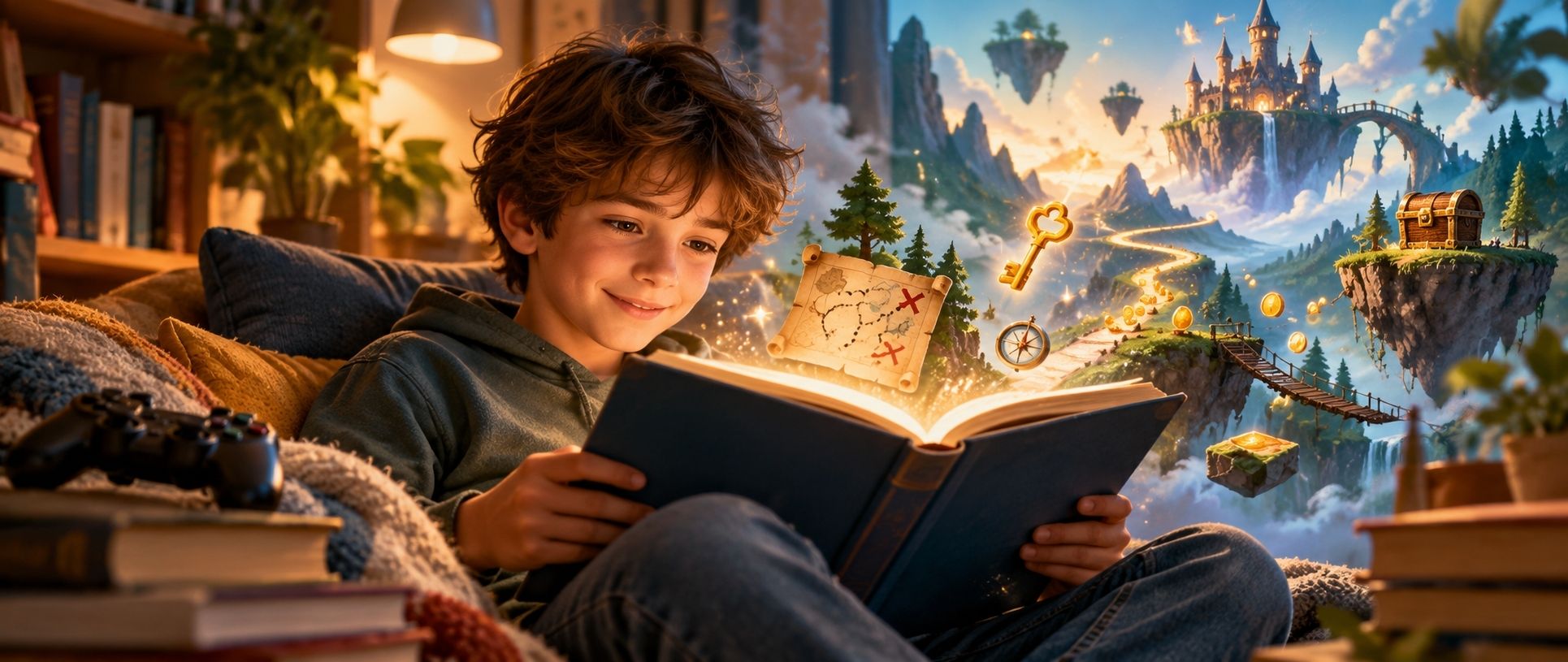 Niño leyendo un libro con un mundo de aventuras inspirado en videojuegos