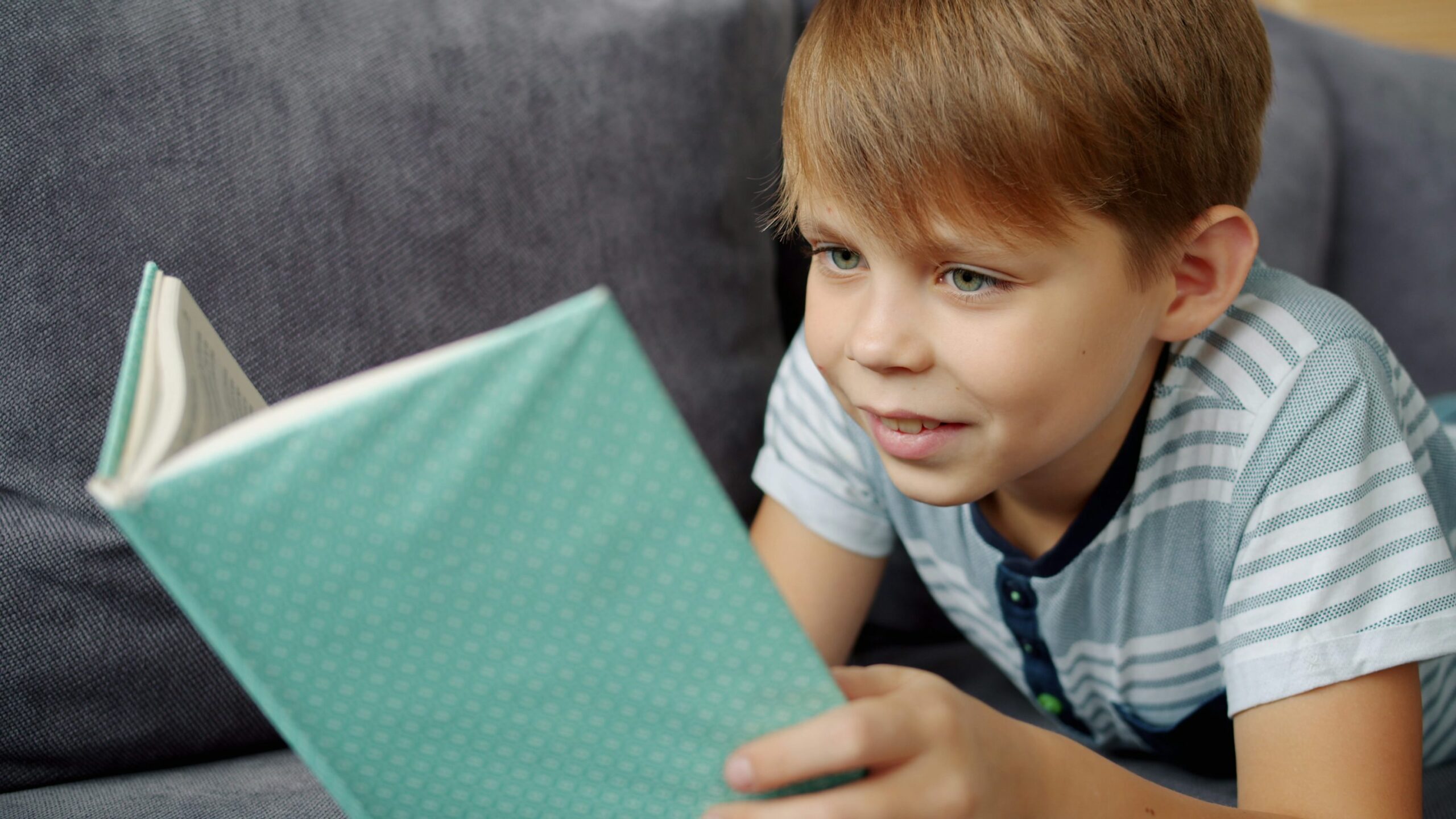 Niño concentrado leyendo un libro en el sofá